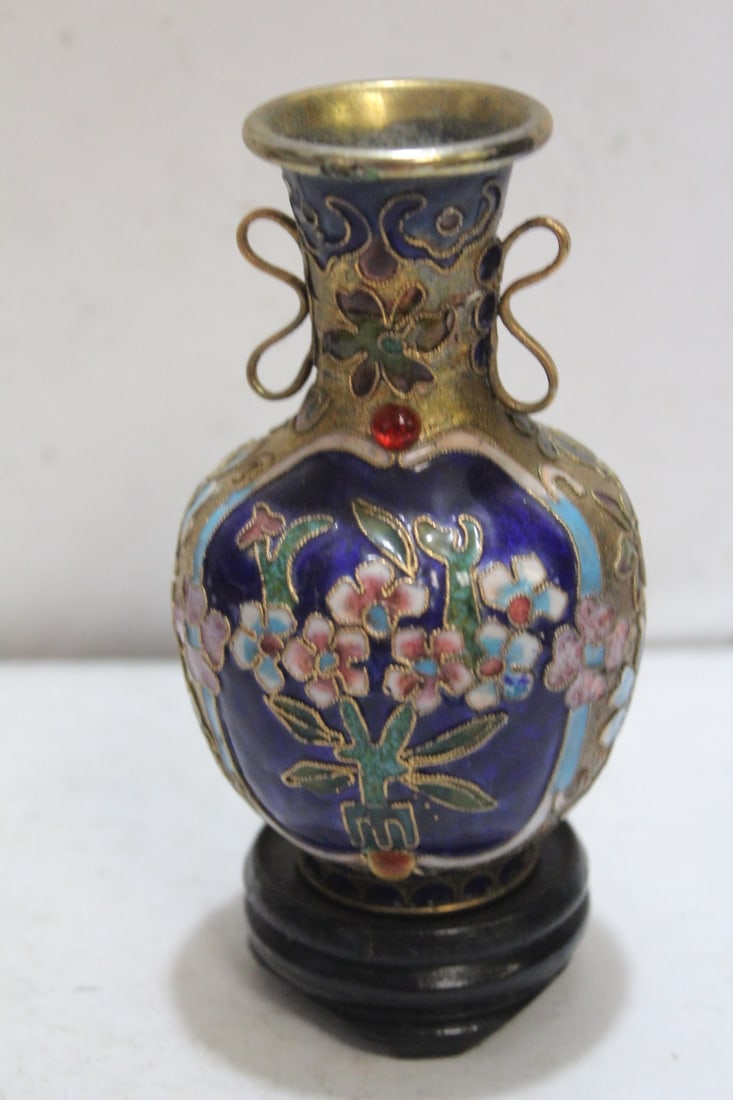 A Cloisonne Vase on Stand: please note: vase is glued to the stand - overall= 4 3/4" tall