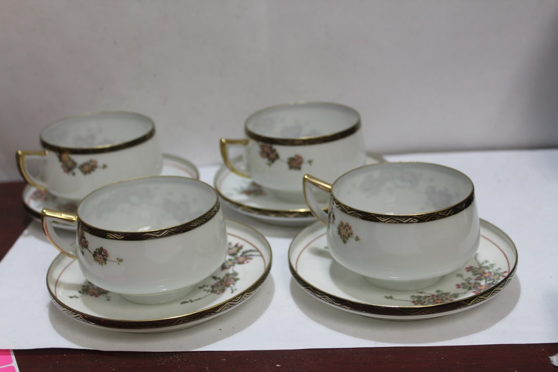Four Sets of Signed Kutani Cups and Saucer Sets: cup= 3 1/4" in diameter