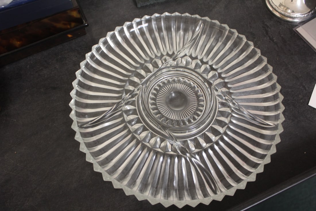 Divided Candy or Trinket Tray: large size - clear glass - 12 inches in diameter