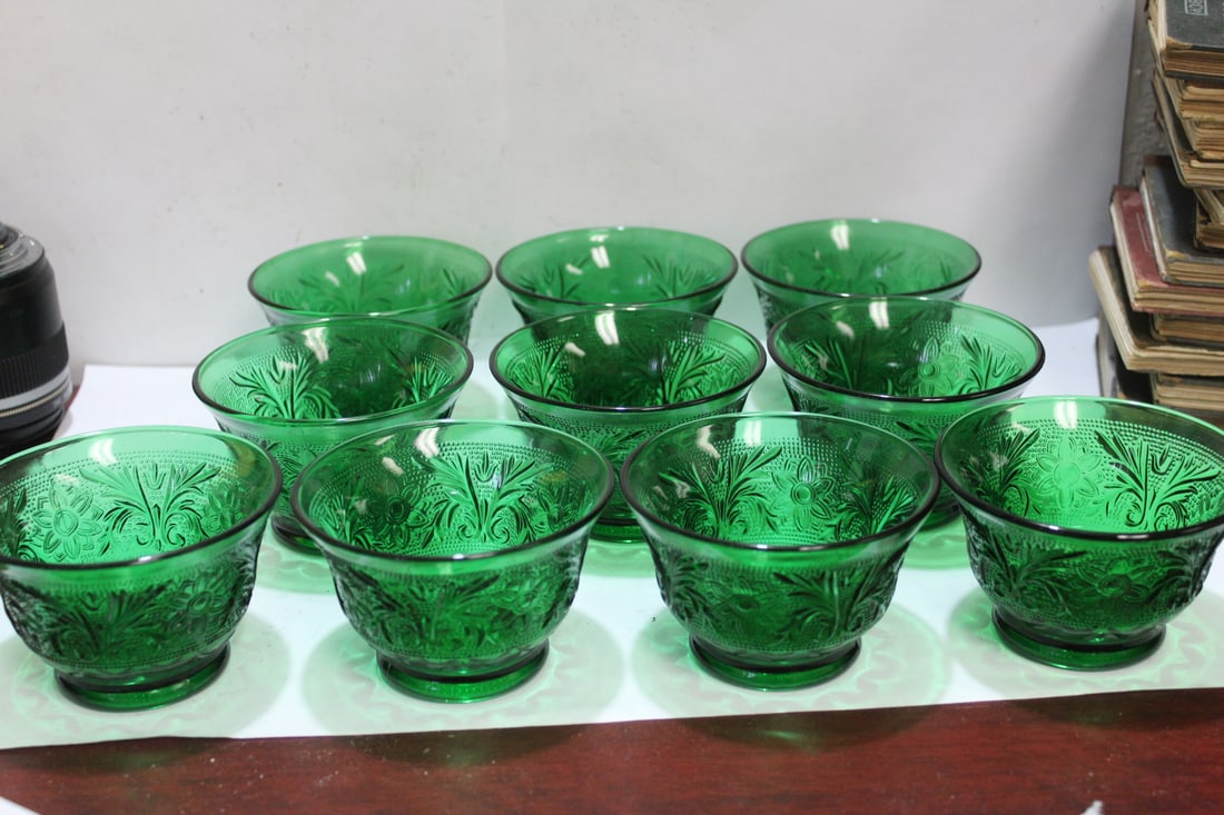 Set of 10 Pressed Green Glass Bowls: each bowl= 3 1/2" in diameter