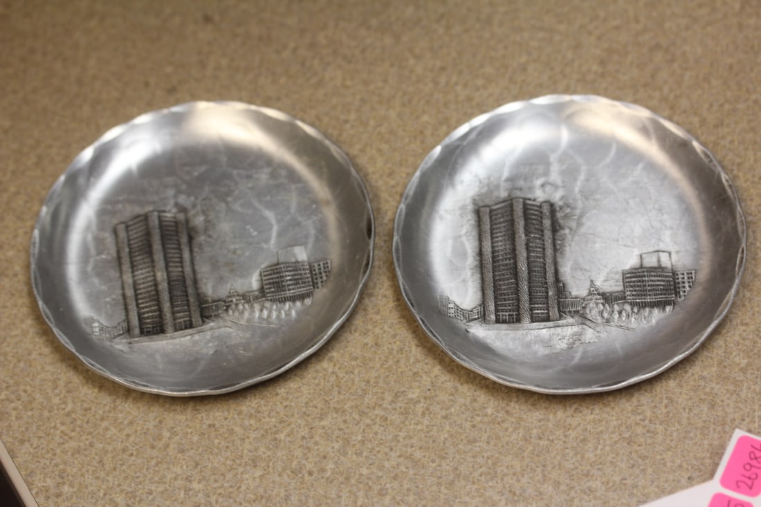 Lot of Two Small Aluminum Trays: hand forged - 4 3/8" in diameter