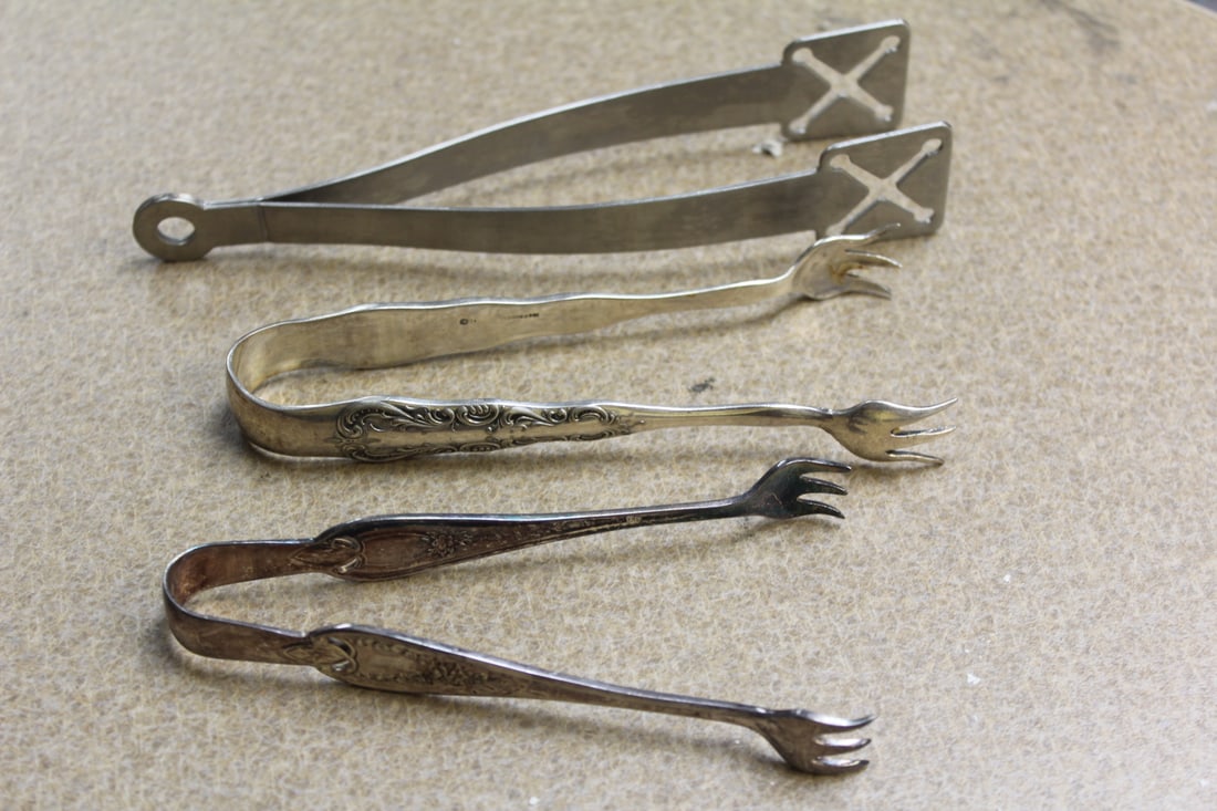 Lot of 3 Stainless/Silverplated Tongs: longest= 6 1/8" long