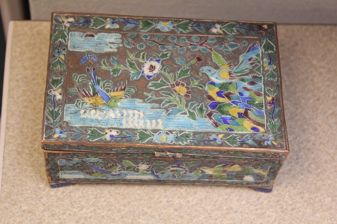 Antique Chinese Enamel on Copper Box: marked "China" - beautifully designed wooden linner - 5 1/8" across
