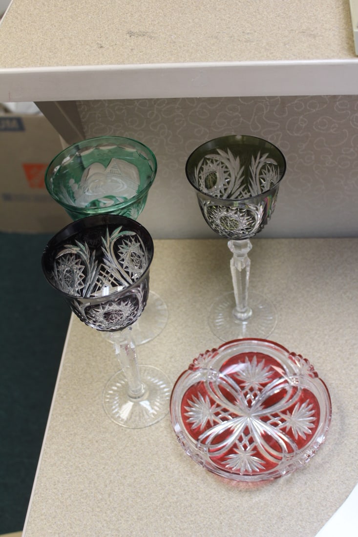 Lot of 4 Colour Cut Glass Articles: please note: all have either chips or flea bites as shown - tallest= 8 5/8"