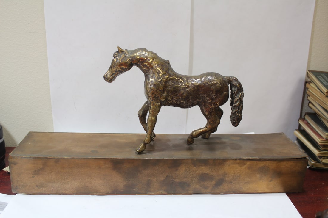 A Very Heavy Bronze Horse: on wooden base - overall= 18 1/2" long