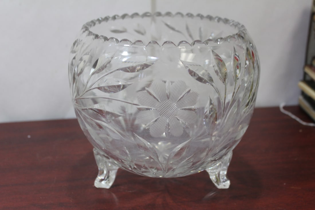 A Cut Glass Footed Bowl: please note: chips on the foot as shown - 7 inches tall