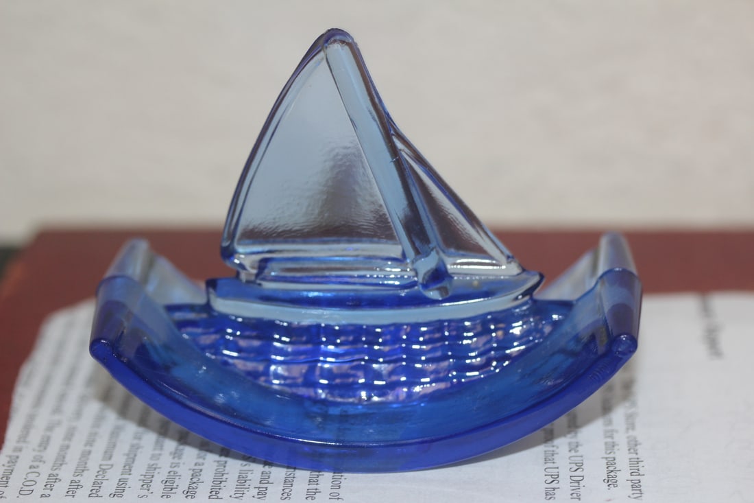 1930's Cobalt Blue Glass Ink Blotter: coblt blue glass sailboat rocker ink blotter - 3 1/2" across