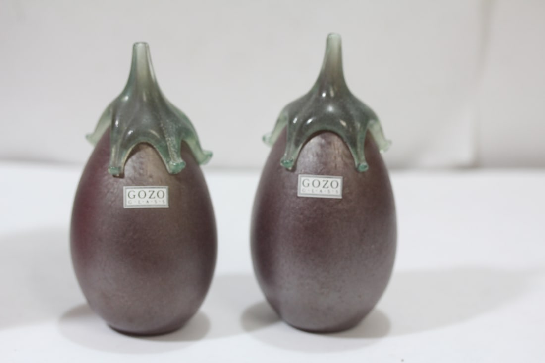 Lot of 2 Signed Gozo Glass Eggplants: 5" tall each