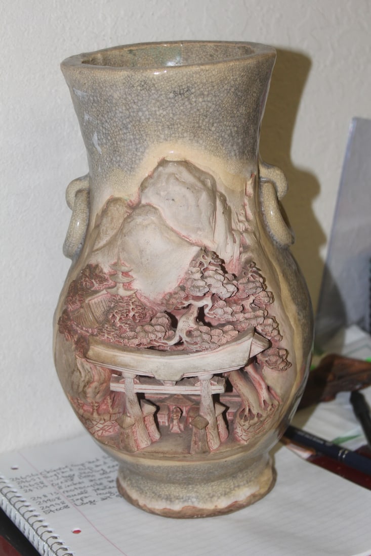 Antique Japanese Banko Pottery Vase: antique - 3D - signed by artist - 12" tall by 6" wide - impressive