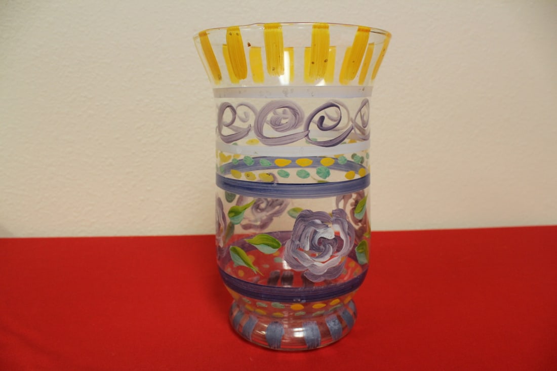 A Handpainted Glass Vase: 9 1/2" tall
