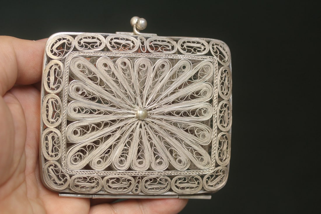 Sterling or 800 silver Card Case: filigree purse design - rare form, 3 3/8" wide