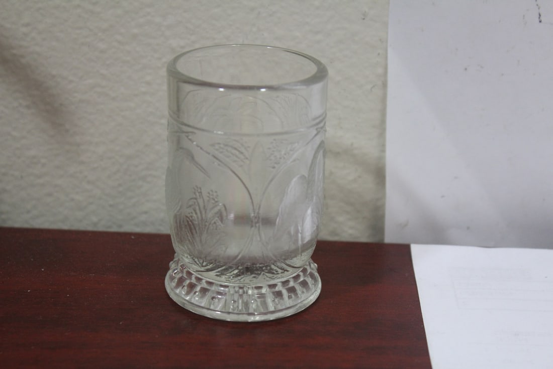 A Pressed Glass Toothpick Holder: bird in the forset - 3 inches tall