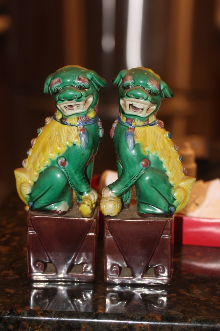 Pair of Chinese Porcelain Foo Dogs: Early to mid 20th century - 8 1/4" tall each