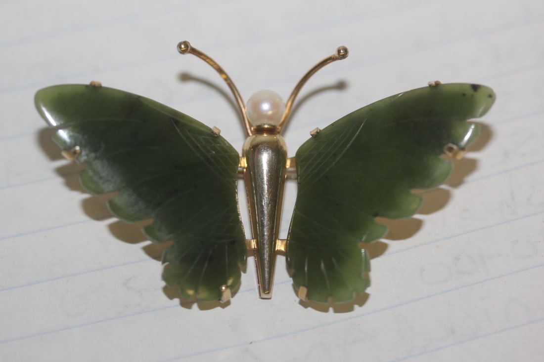 Gold Plated and Jade Butterfly Pin: or brooch