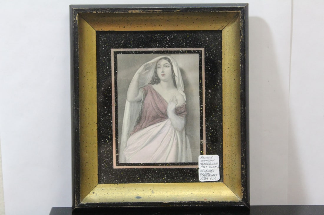 A Framed Antique Lithograph: handpainted or enhanced - overall= 7 1/4" x 6 1/4"
