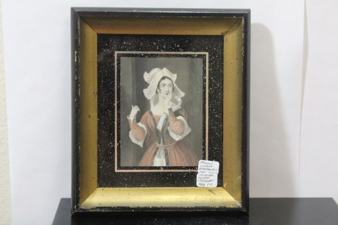 A Framed Antique Lithograph: handpainted or enhanced - overall= 7 1/4" x 6 1/4"