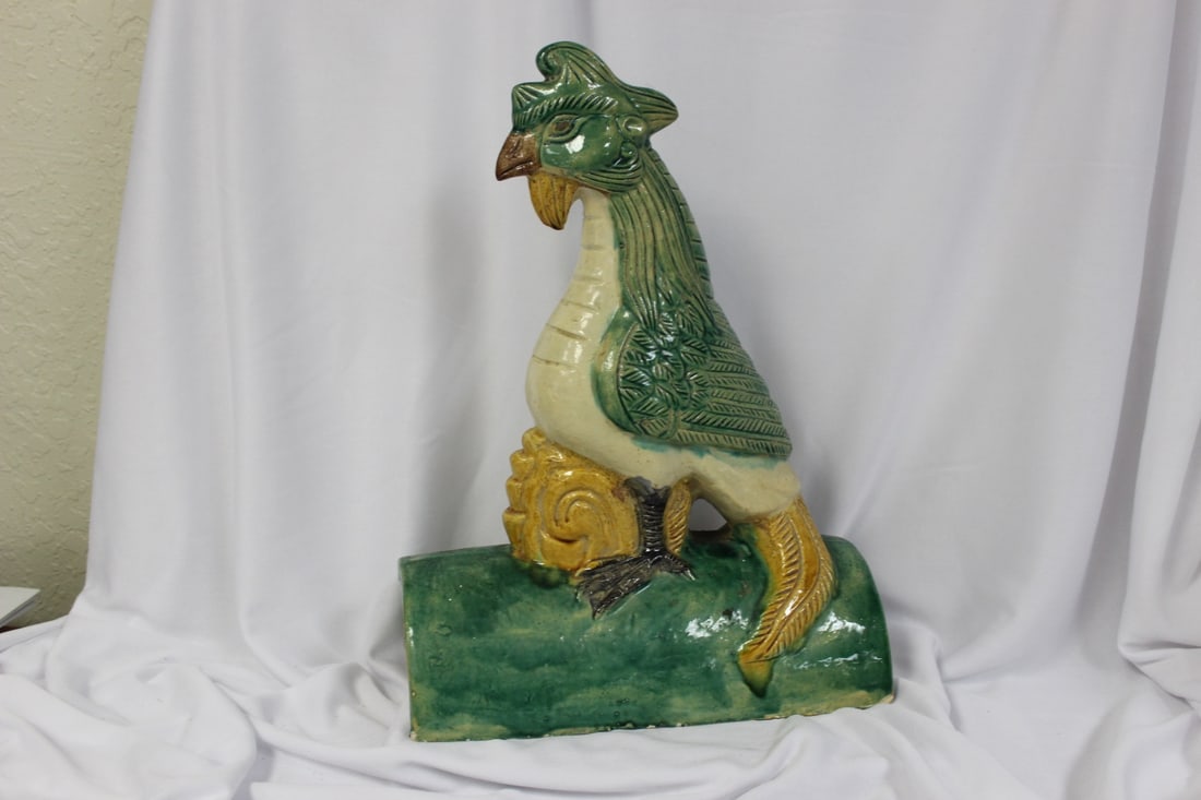 A Vintage Chinese Roof Tile: marked Hong Kong - please note: losses - 14" tall