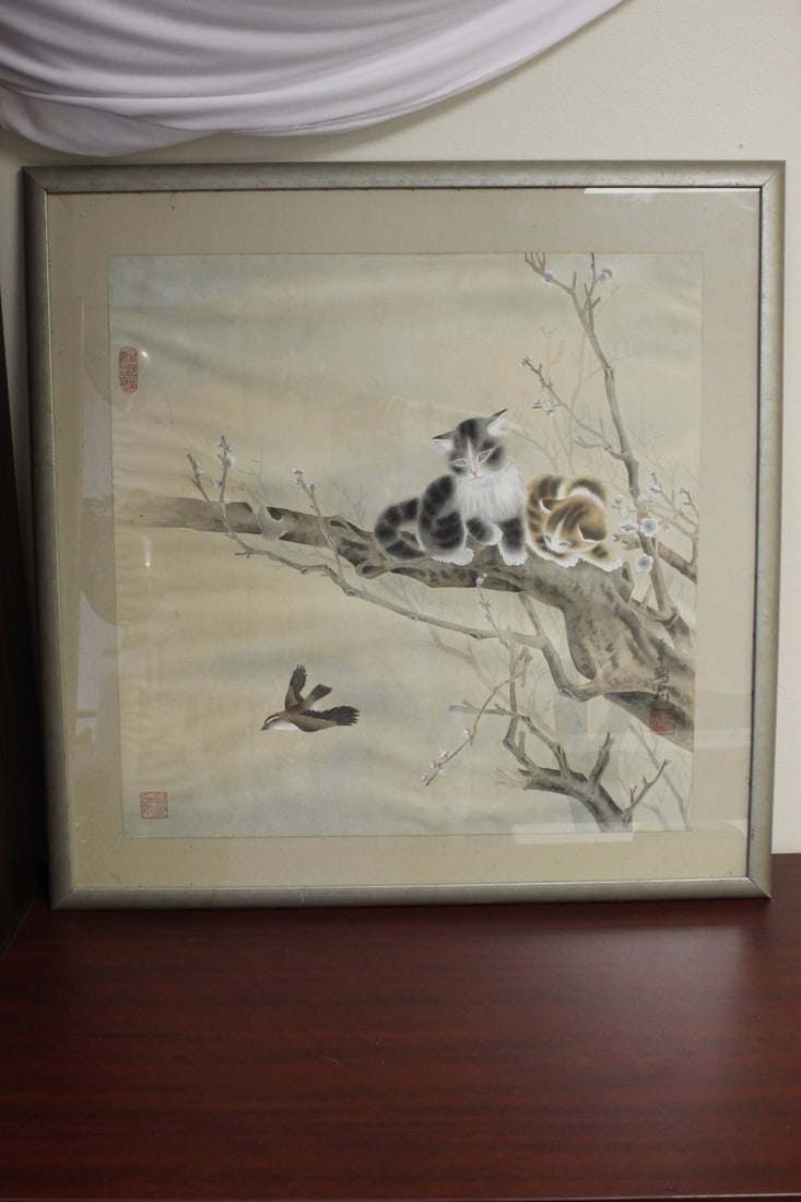 Exception Cat and Bird Japanese Painting: Artist signed and three seals - overall= 32 3/4" x 31 3/4" - a beautiful painting