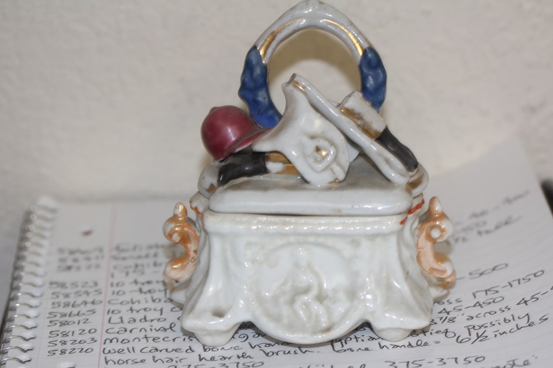 Ceramic Trinket Box: please note: chip as shown - possibly from Japan - 4 1/4" tall