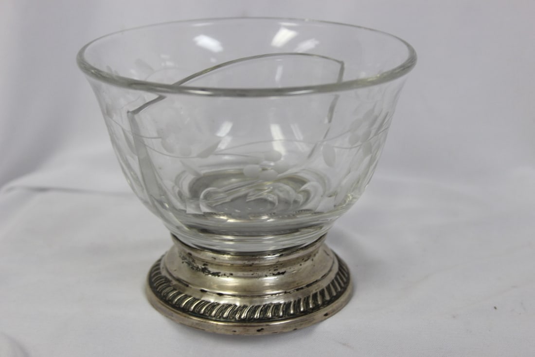 A Sterling Rim Heisey Bowl: etched glass - marked on the bottom - 5 1/4" in diameter