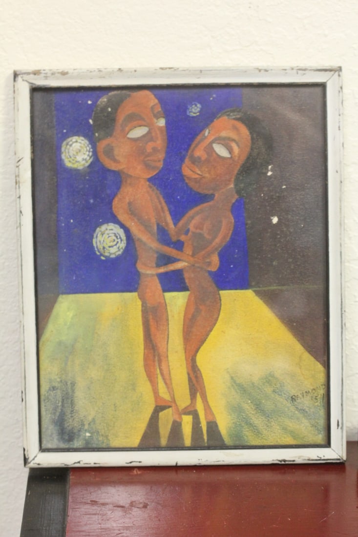 Psychedelic Pastel Nude Alien Dancers: signed Raymond 54 - framed - overall= 10 3/4" x 8 3/4"
