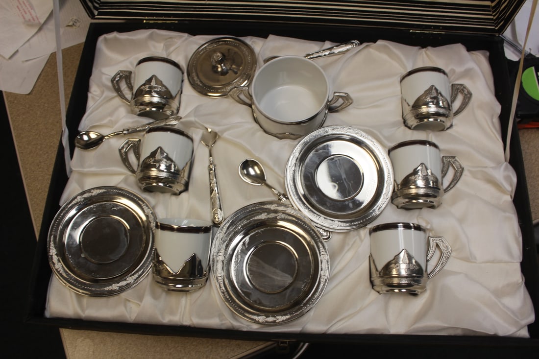 Silverplate and Porcelain Tea Set: marked 800 Italy - inside a box - box= 18 1/2" across