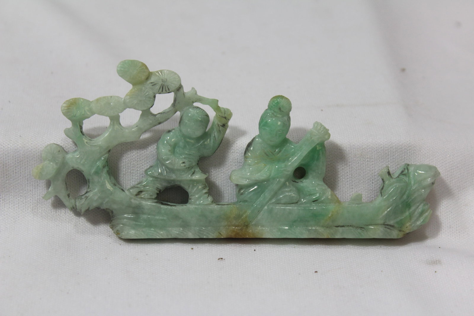 Antique/Vintage Chinese Jadeite Boat: with couple - please note: losses - 4 1/2" long