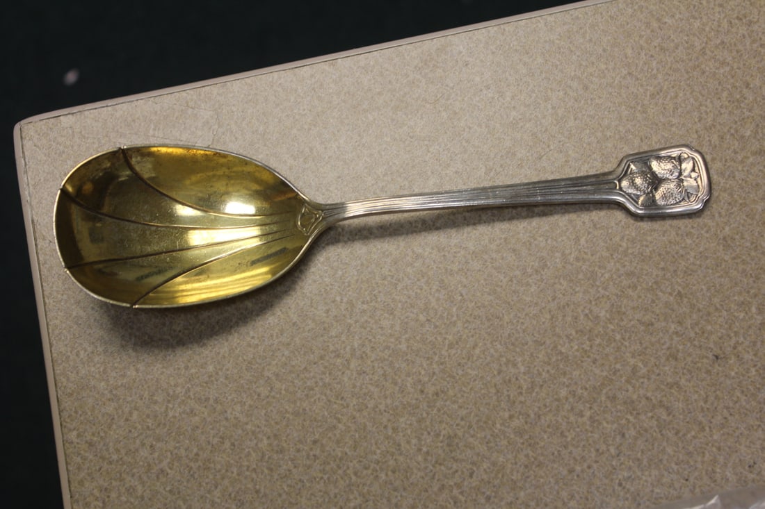 Tiffany and Company Sterling Serving Spoon: strawberry - gold wash - monogrammed - 9 1/4" long