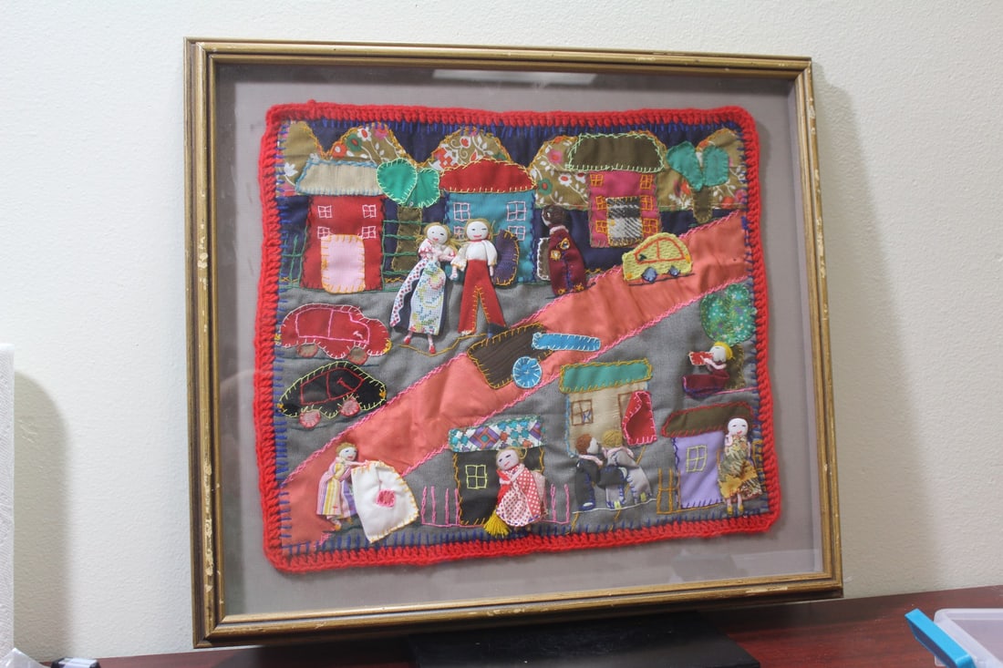 A Handmade Folkart Crazy Quilt: framed - Trapunto-style - sight= 15 3/4" x 18 1/4" - overall= 20 1/2" x 23 1/4"