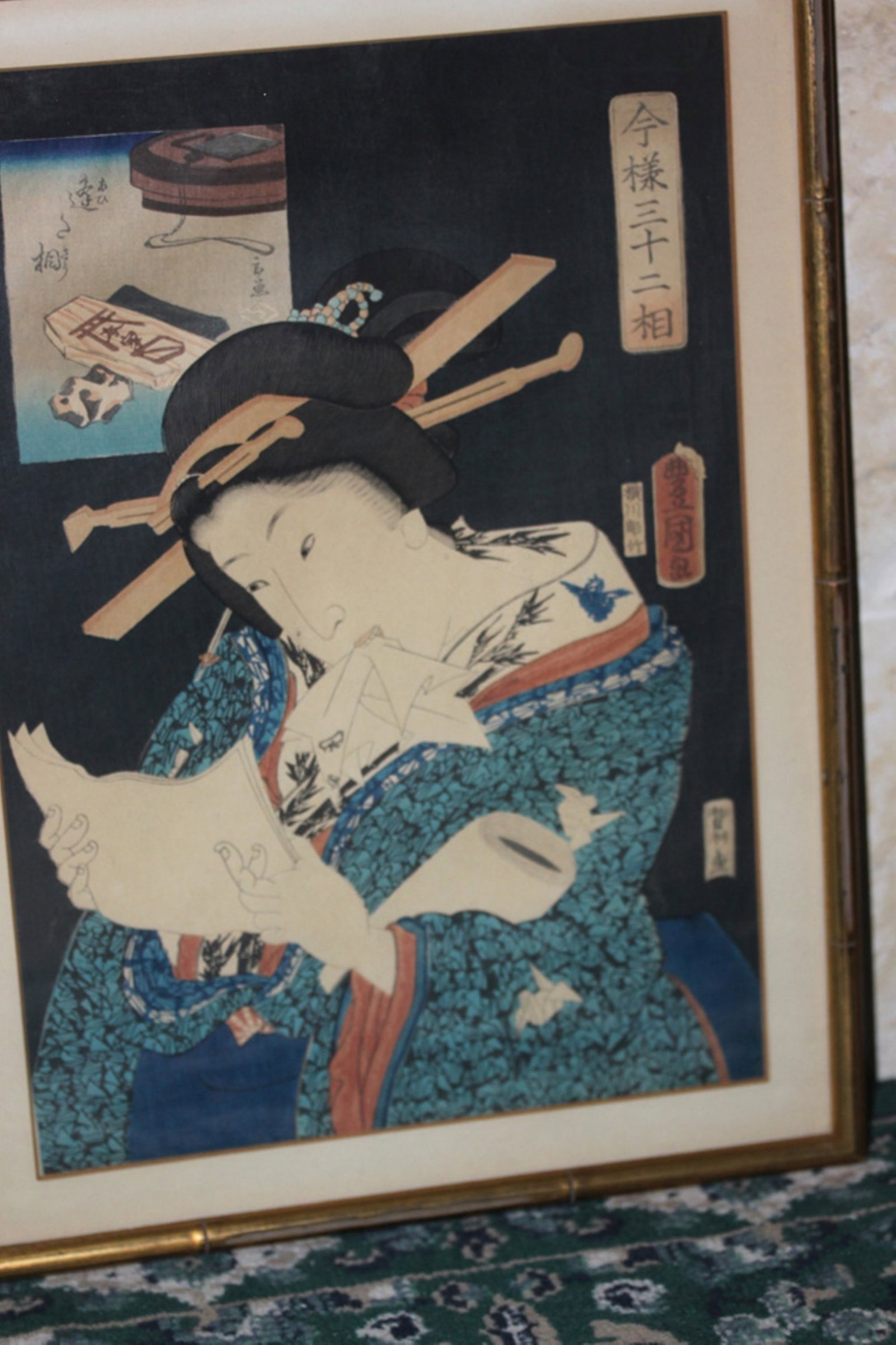 Antique Japanese 19th C Toyukuni Wooblock: overall size 17" x 12 1/4".