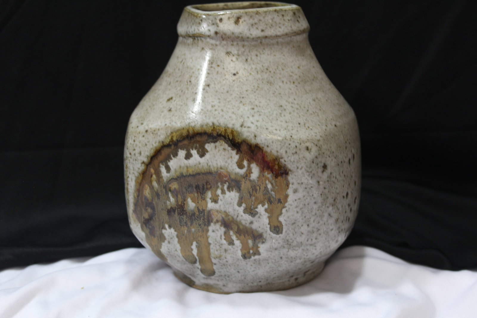 A Hand Painted Pottery Bottle: 7" tall