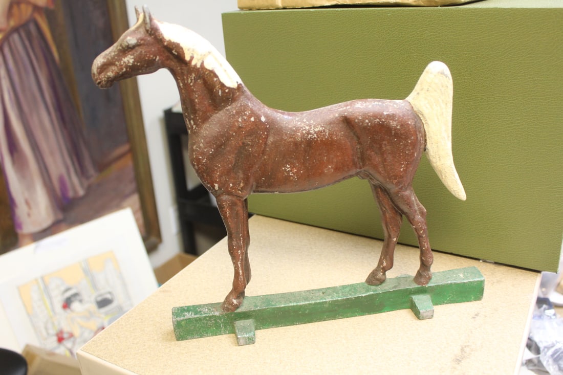 Metal Horse: appeared to be 1936 copyright? - some writing on the back of it - 12 1/2" long