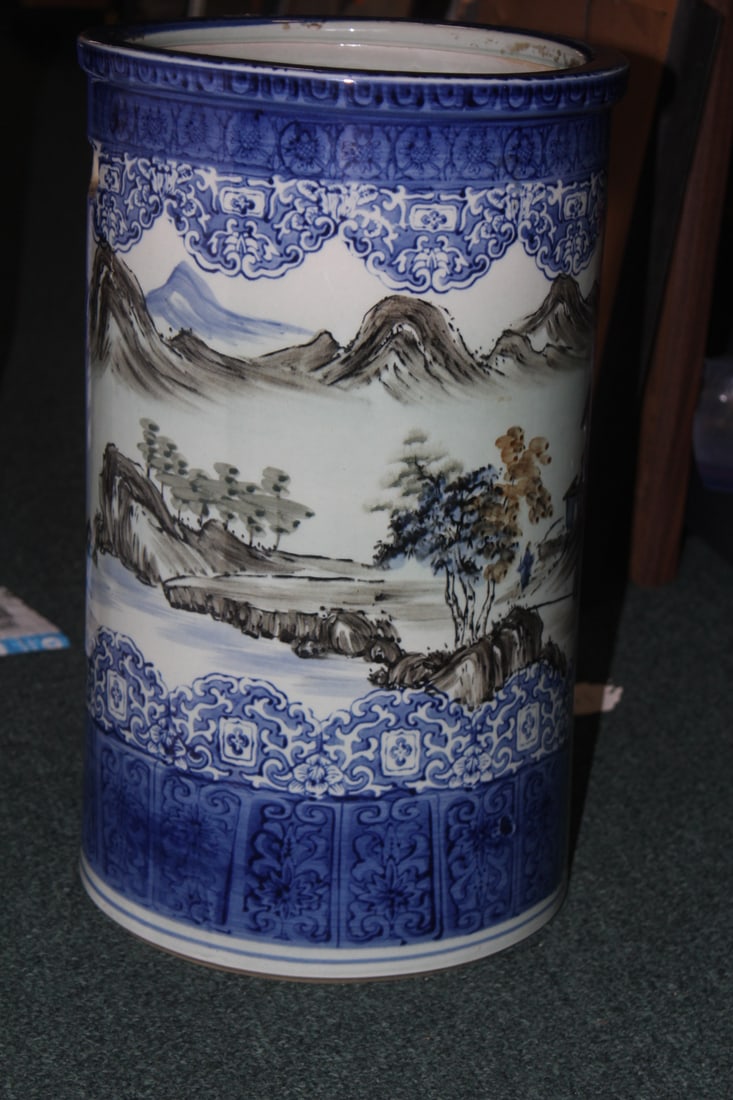 Blue and White Porcelain Umbrella Stand: Chinese/Asian - with two handle - 17 3/8" tll by 10 1/2" in diameter