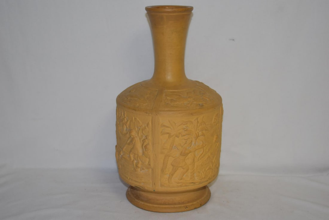 An Oriental Motif Pottery Bottle/Vase: Marked or signed on the bottom - 11" tall