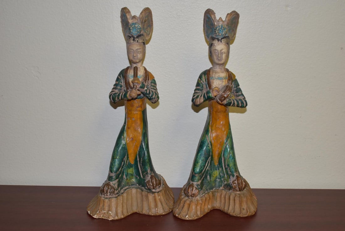 A Pair of Chinese Ceramic Figurines: 12 5/8" tall - exact age unknown - beautifully done