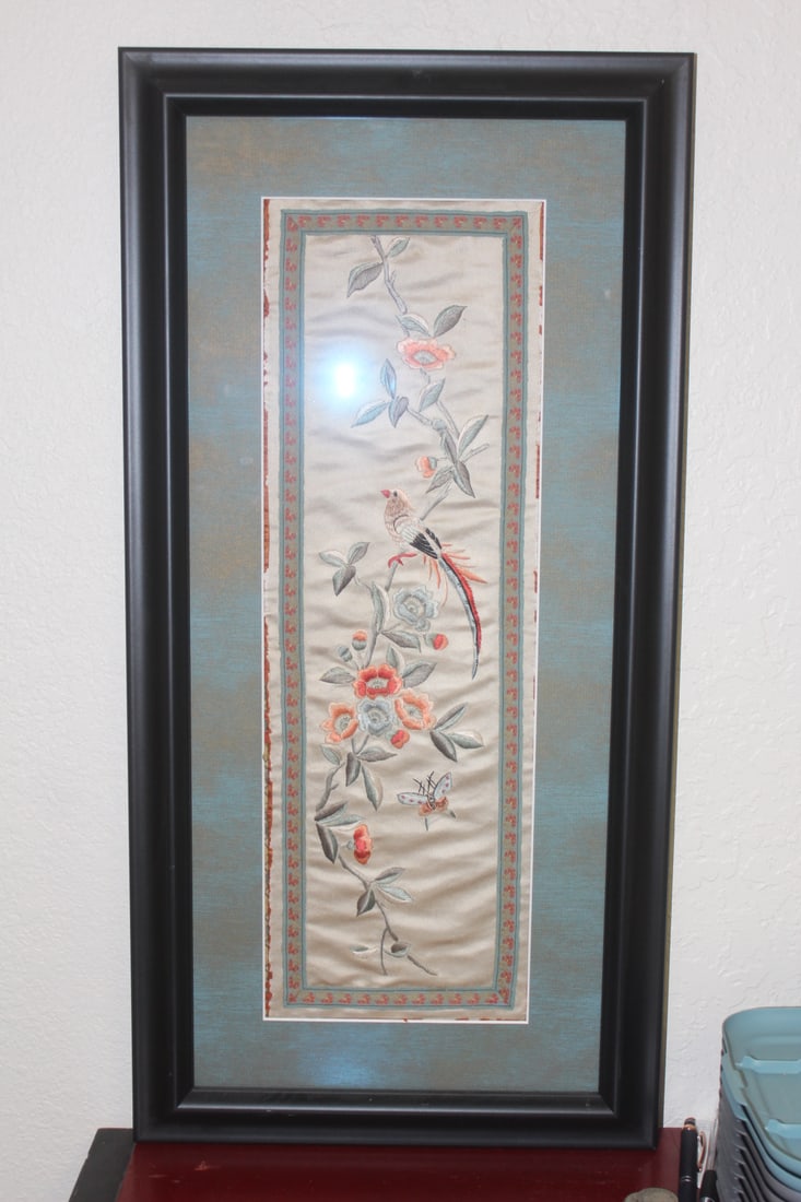 Framed Chinese Silk: 26 1/4" x 12 1/2"