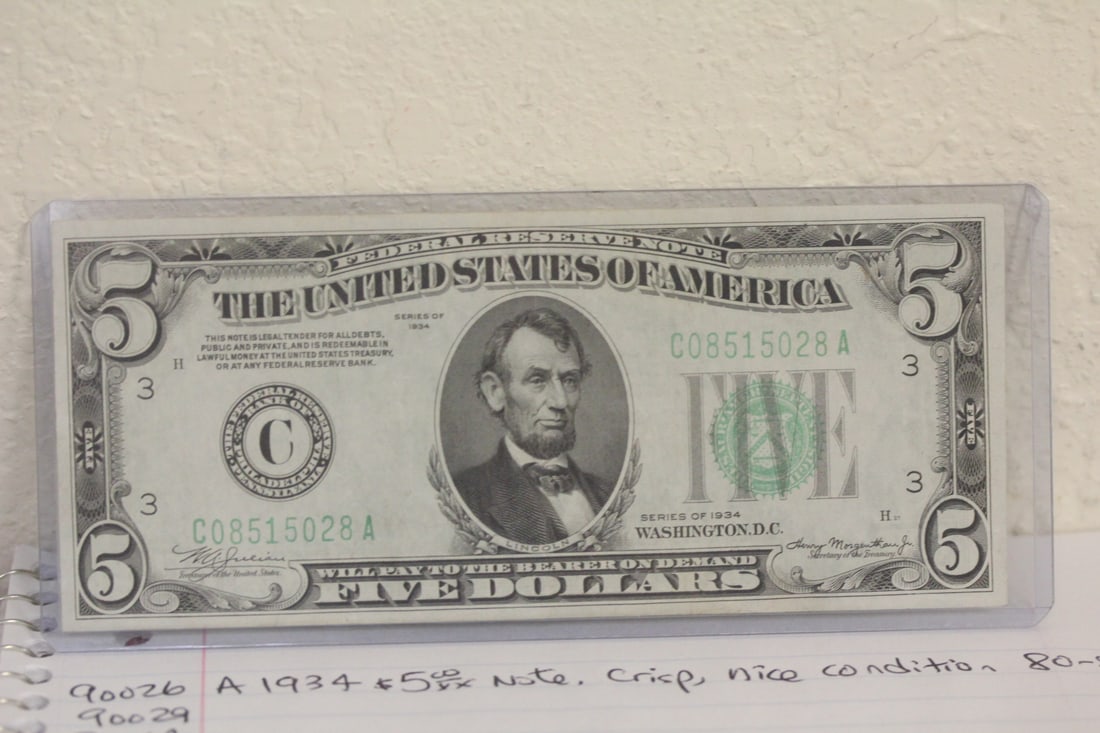 1934 $5.00 Note: crisp, nice condition