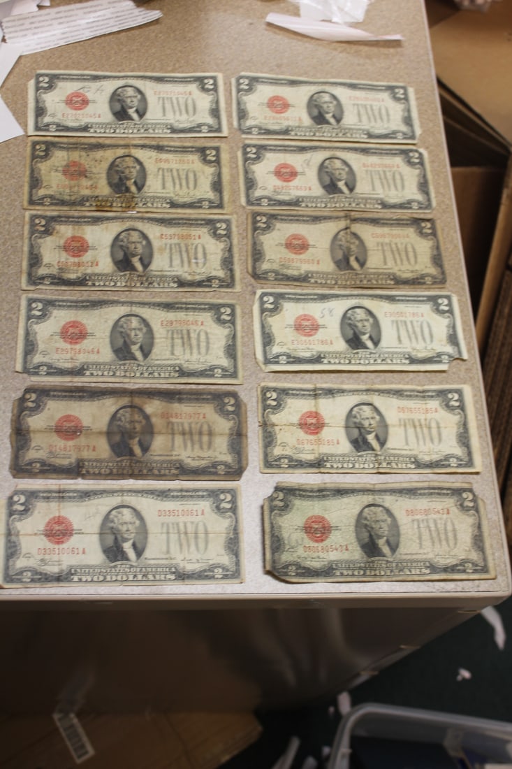 Lot of Twelve 1928 $2.00 Red Seal Note: low grade