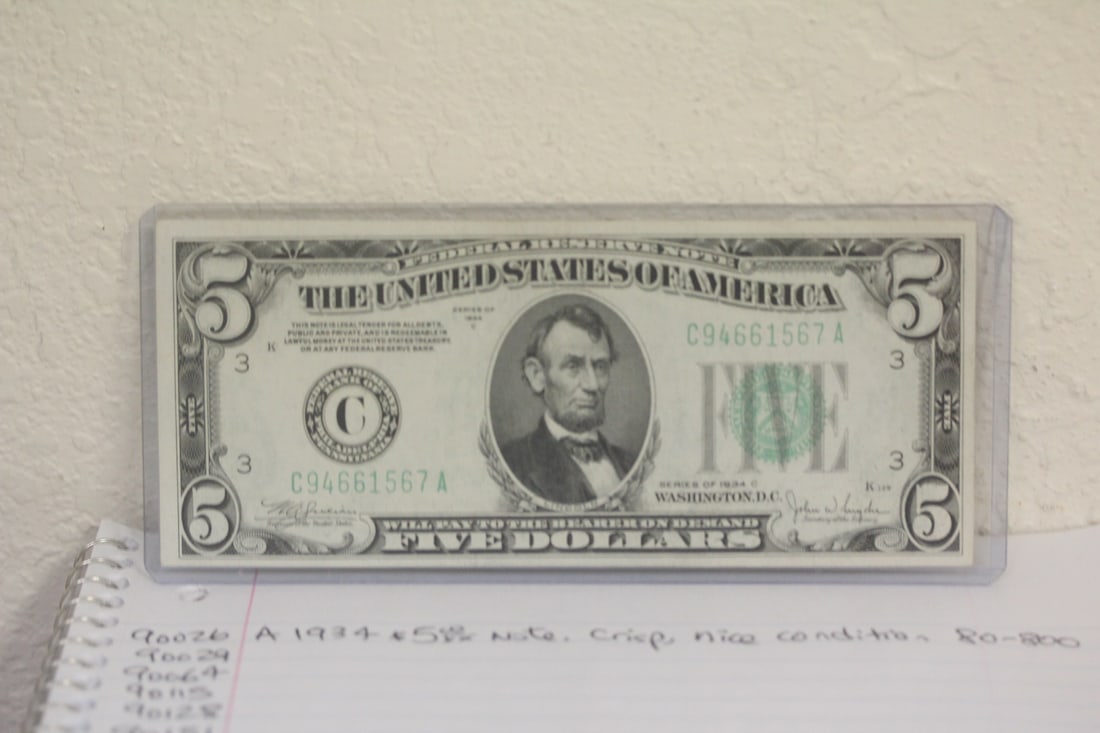 1934 $5.00 Note: crisp, nice condition