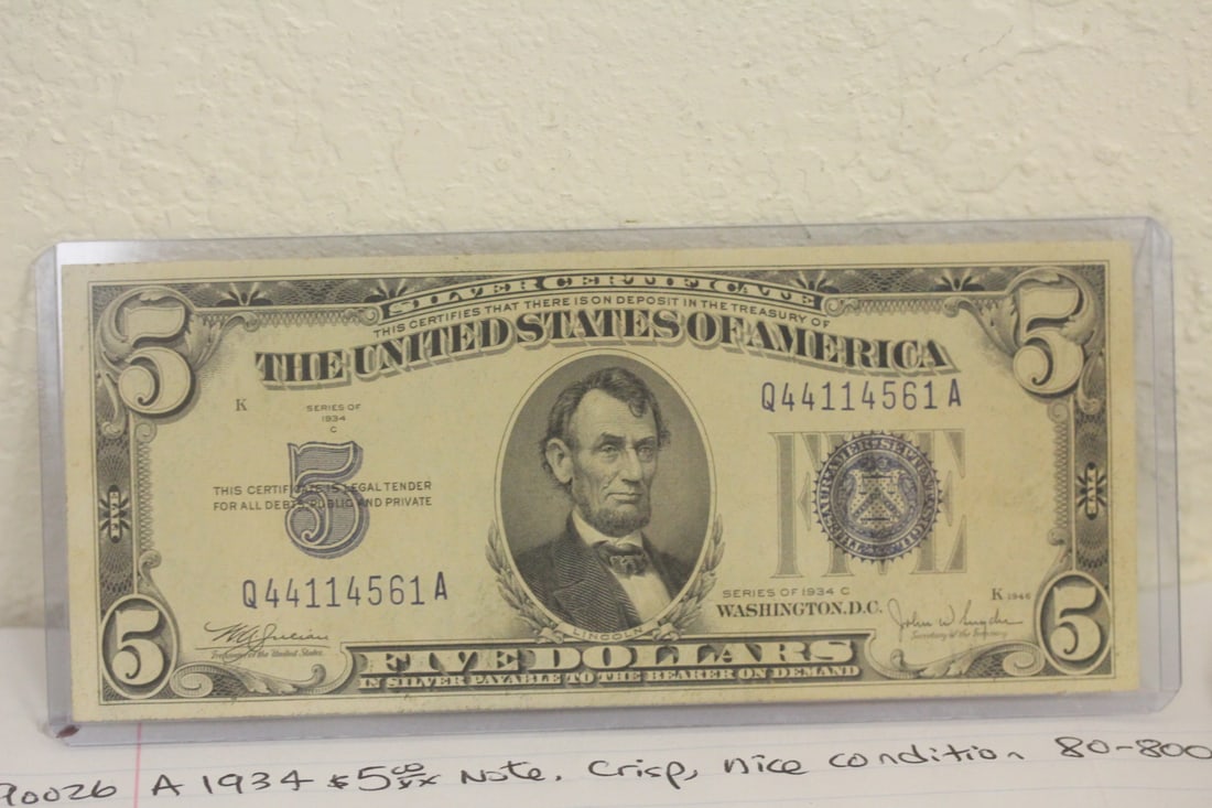 1934 $5.00 Note: crisp, nice condition