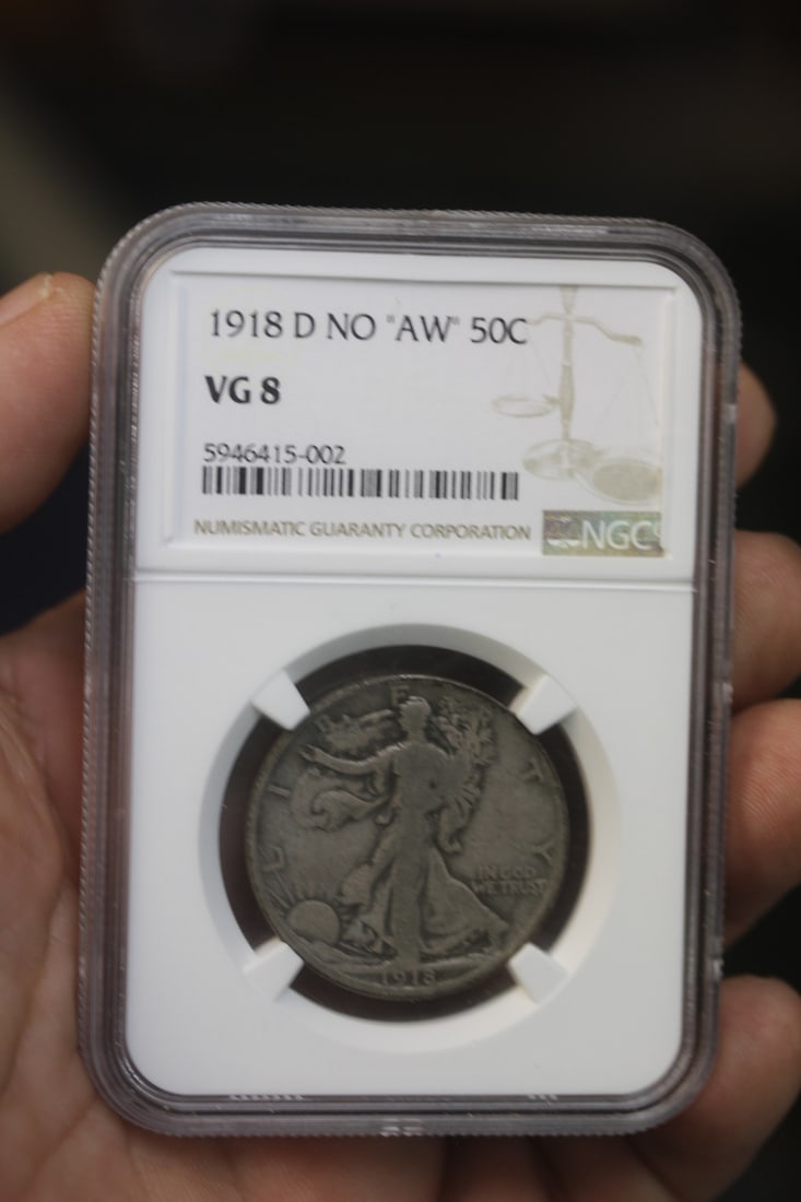 NGC Graded 1918-D Walking Liberty Half Dollar: no "AW" - 50cents VG8