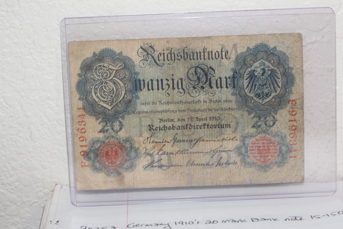 German 1910's 20 Mark Bank Note: as shown