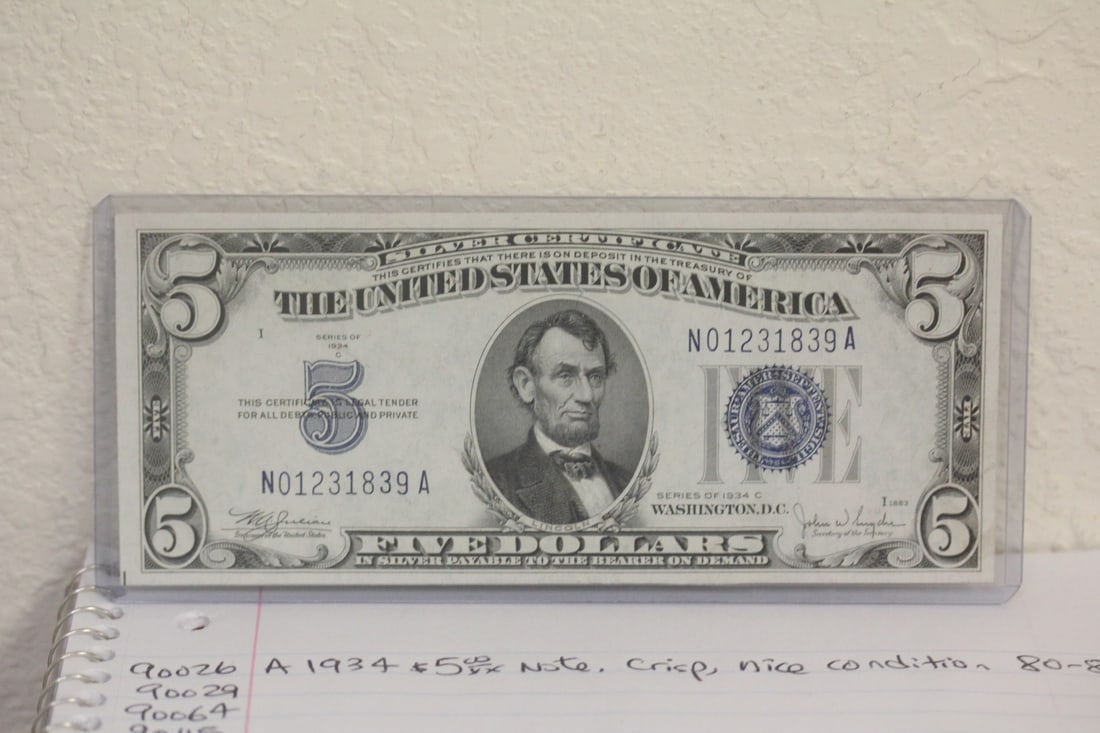 1934 $5.00 Note: crisp, nice condition
