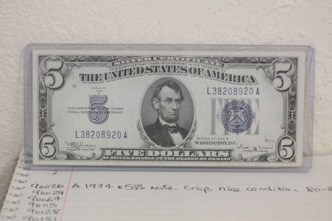 1934 $5.00 Note: crisp, nice condition