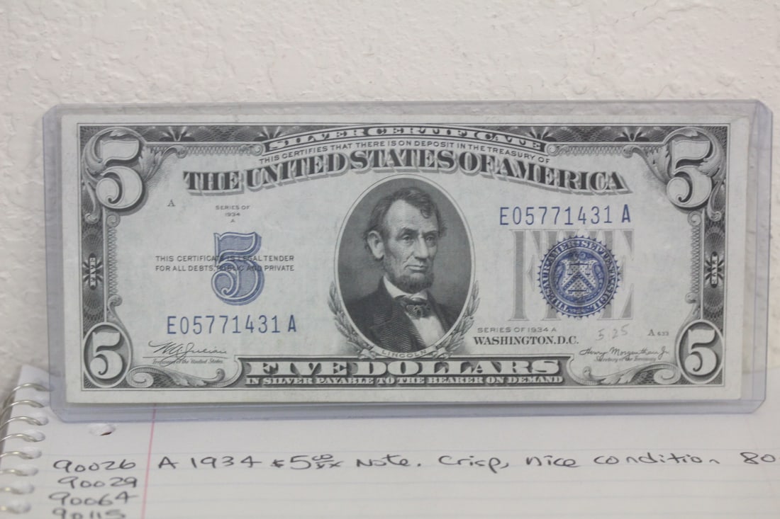 1934 $5.00 Note: crisp, nice condition
