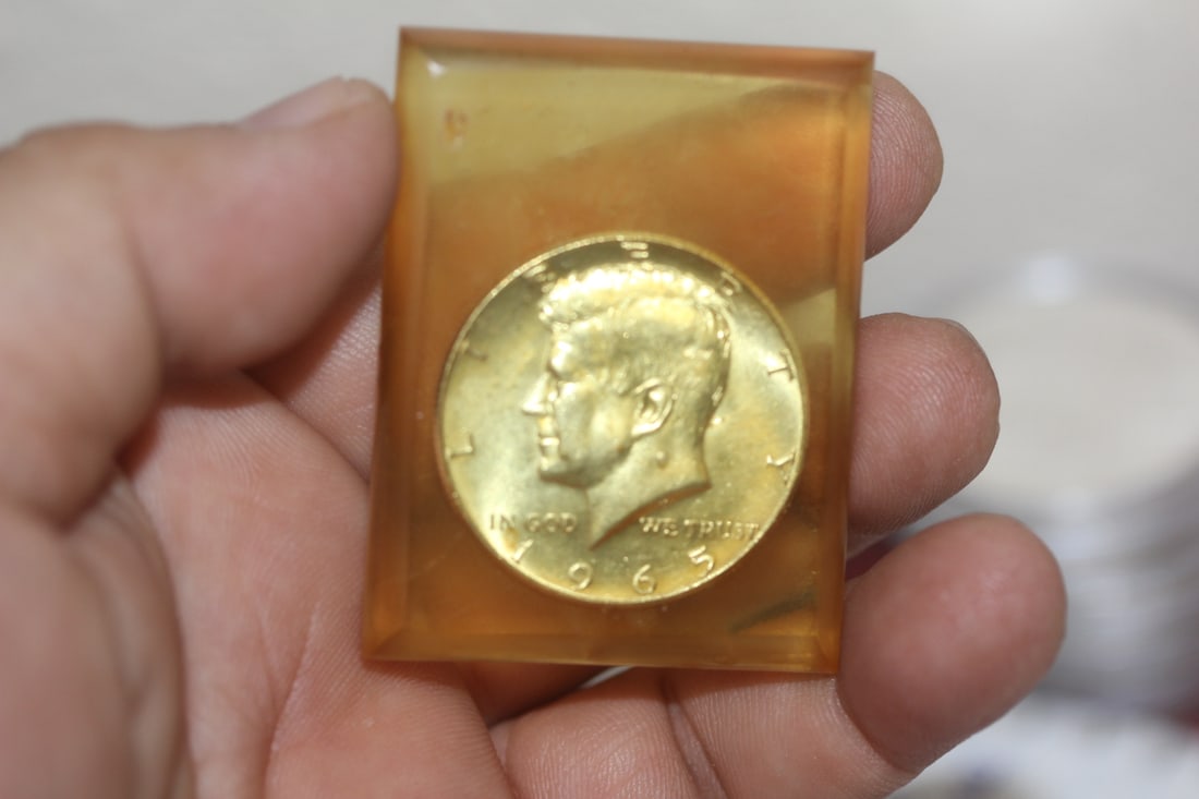 1965 Silver Kennedy Half Dollar: 40% silver Kennedy half - inside a lucite block
