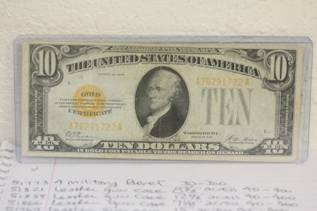 1928 $10.00 Gold Certificate Note: as shown