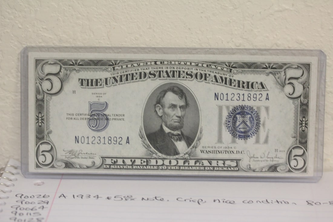 1934 $5.00 Note: crisp, nice condition