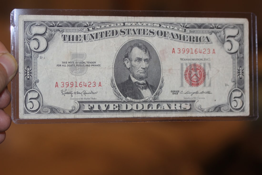1963 Red Seal $5.00 Bank Note: as shown on photos