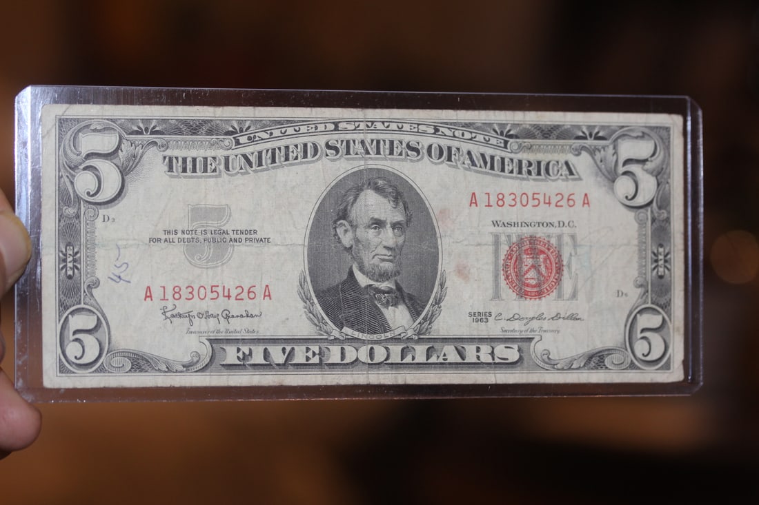 1963 Red Seal $5.00 Bank Note: as shown on photos